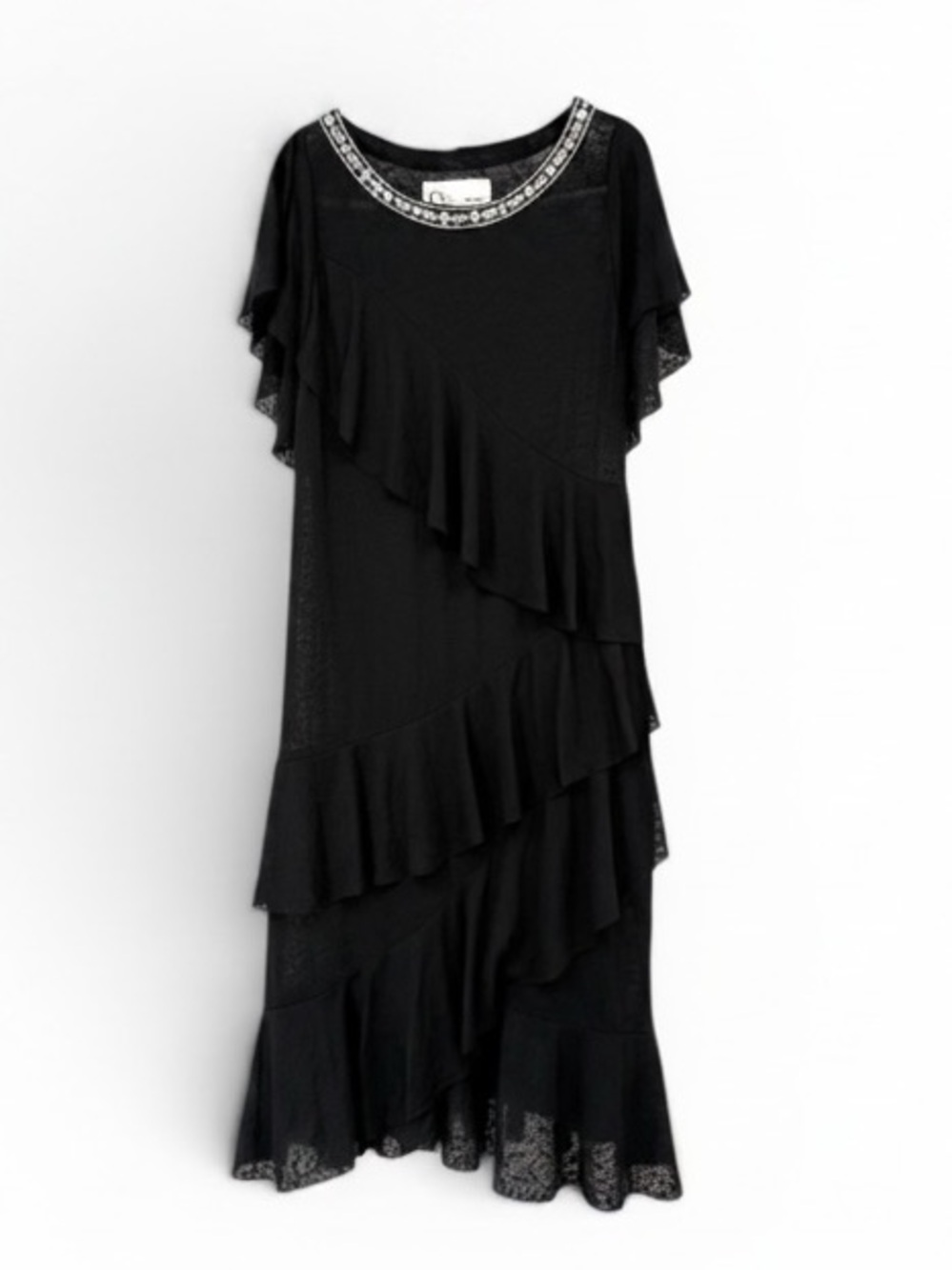 Pitusa Black Ruffle Dress Embroidered Neck Boho Tiered Sheer Peru Size S/M